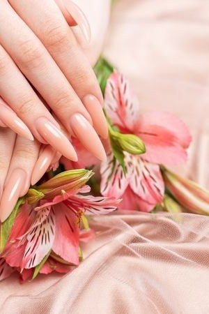 French with Pink Florals on Satin - elegant nail art idea for mature hands, women over 50