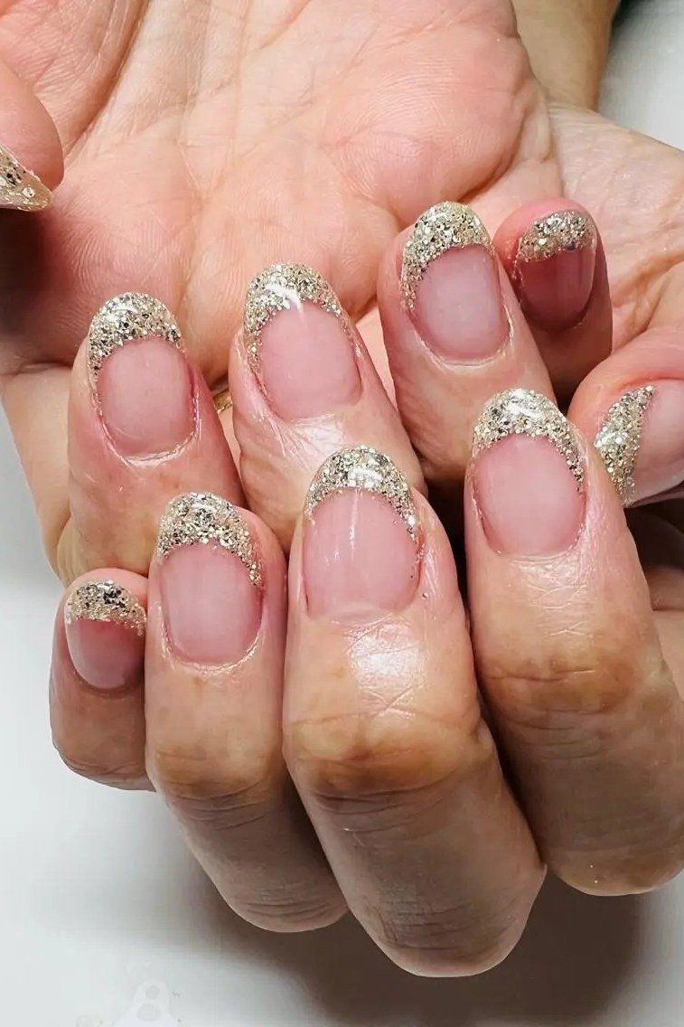 Gold Glitter French Tip Nails - gold glitter french tips older hands, glitter winter nail design for women over 60