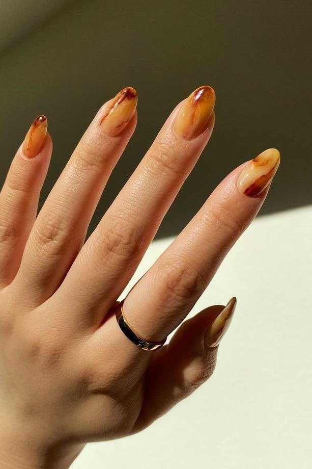 Caramel Ombré Almond Nails, chocolate brown fall nail design for women over 60