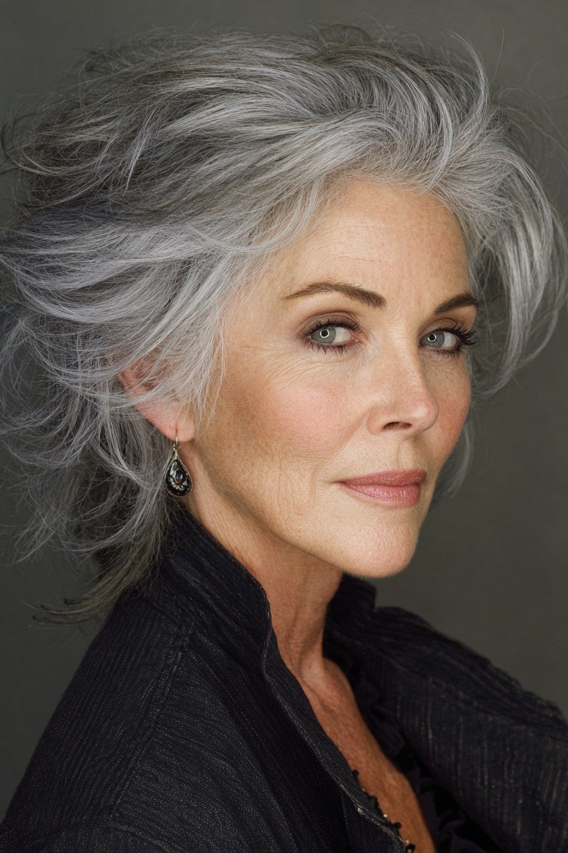 salt and pepper layered shag for women over 50, side view