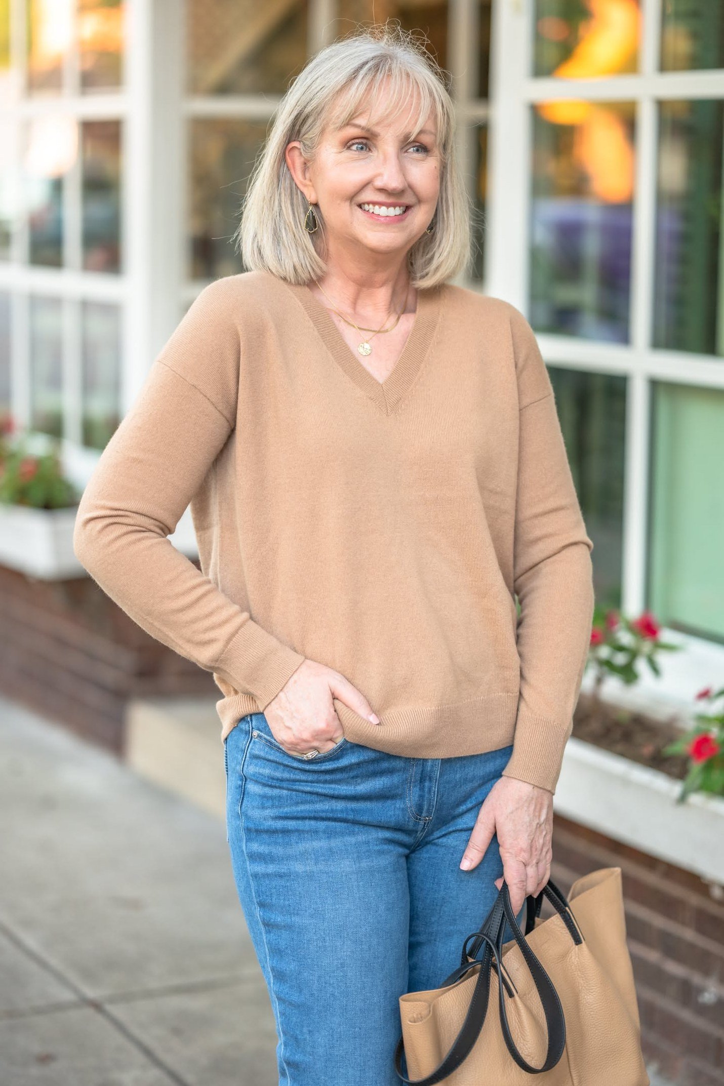 Camel v neck sweater blue jeans camel v neck sweater blue jeans 50s - fall outfit idea for women over 40