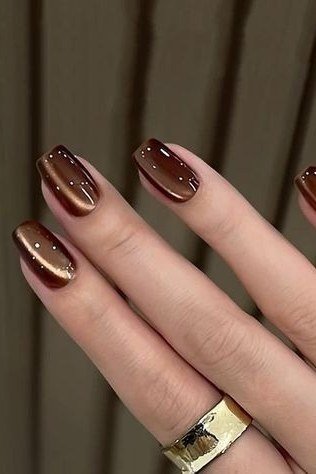 Bronze Chrome Short Almond Nails - brown nail idea for women over 50