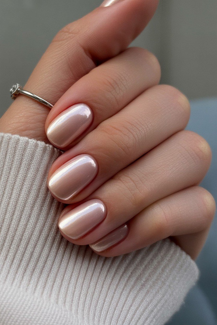 Pearly Pink Chrome Almond - short nude nail idea for women over 50