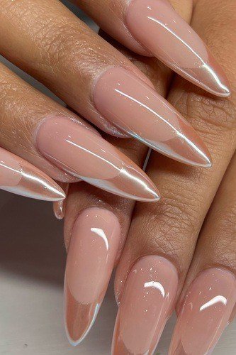 Nude Chrome French on Stiletto Nails - chrome nail designs for women over 60
