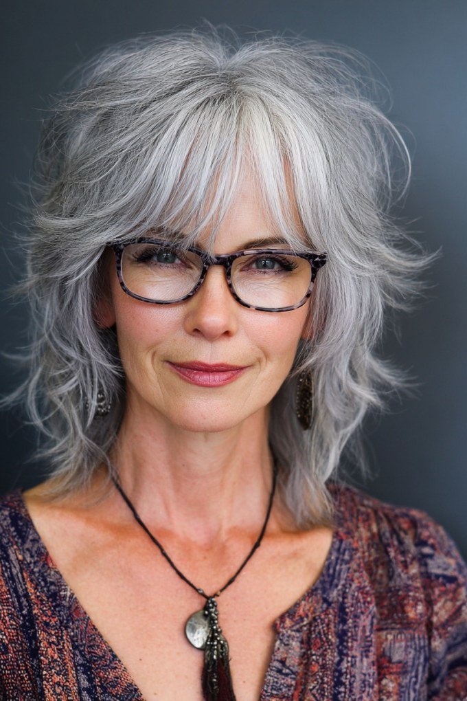 Modern Silver Shag - medium shag haircut for women over 40