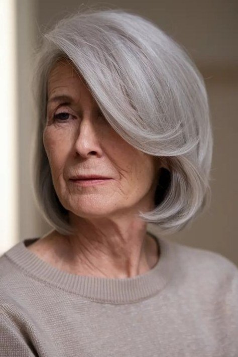 Silver Swept Bob with a Deep Side Part, medium hairstyle for women over 70