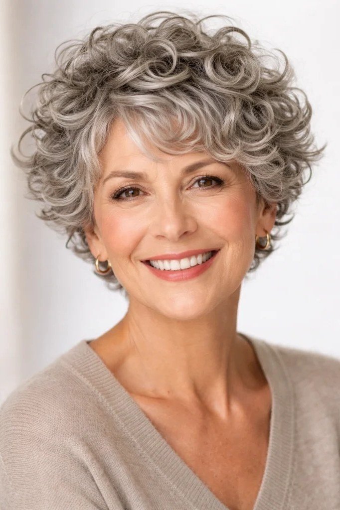 Silver curly bob front view, smiling - curly hairstyle for women over 60