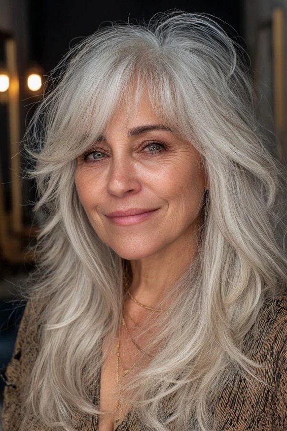 Long white layered hair with bangs for women over 50