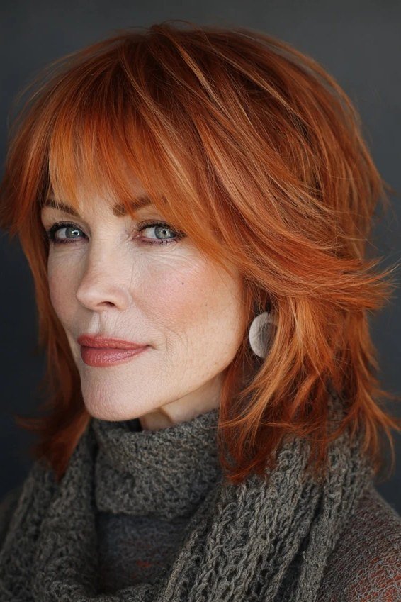 Copper Shaggy Layered Lob with Bangs - layered lob hairstyle for women over 60