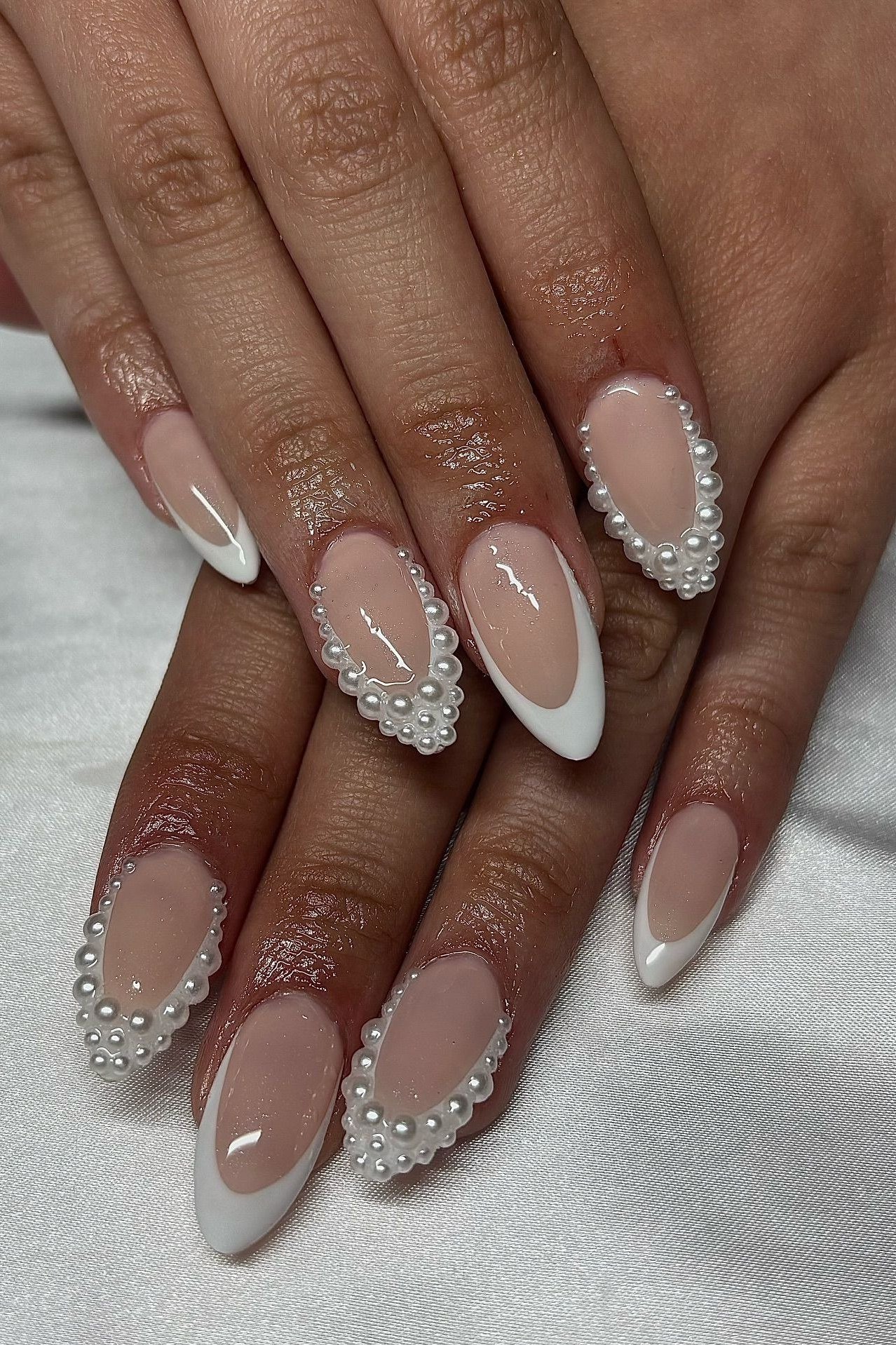 Nude Nails with Pearl Bead French Tips - pearl finish nail idea for women over 60