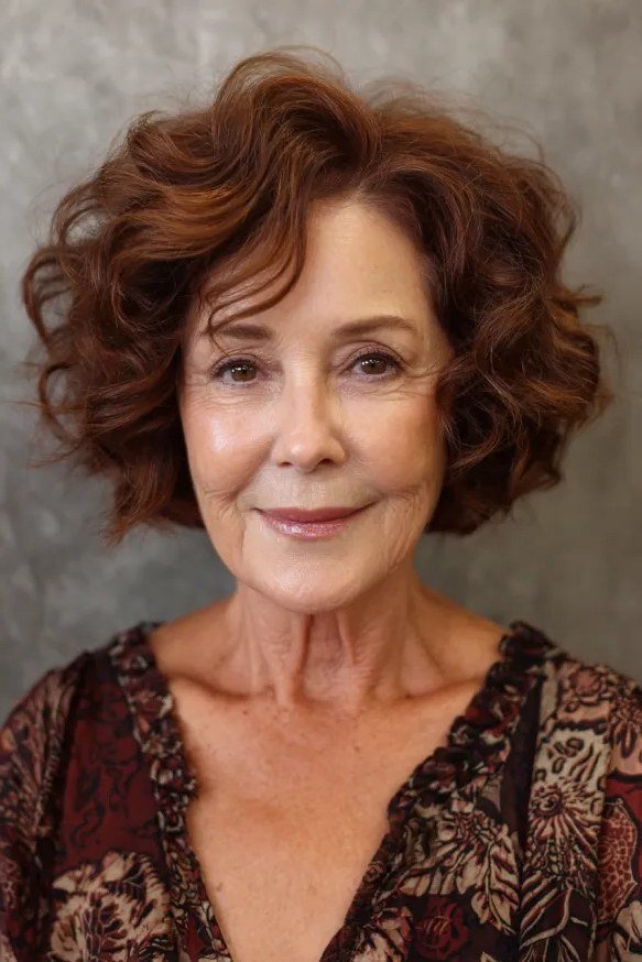 Auburn curly lob, front view, older woman