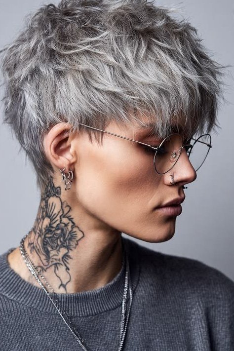 Grey Pixie with Glasses and Ink - bold edgy pixie haircut for women over 50