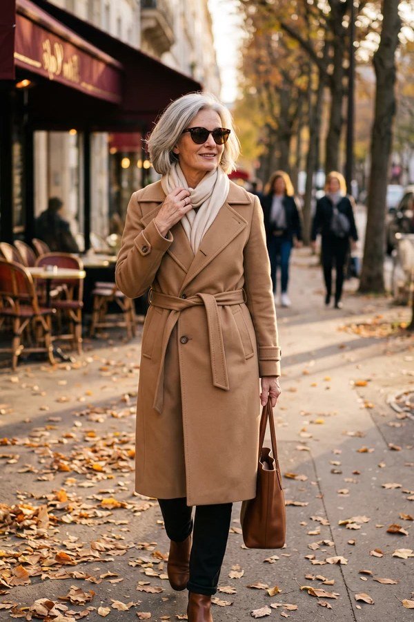 Camel coat with scarf, dark jeans and brown boots, classic fall outfit for women over 50
