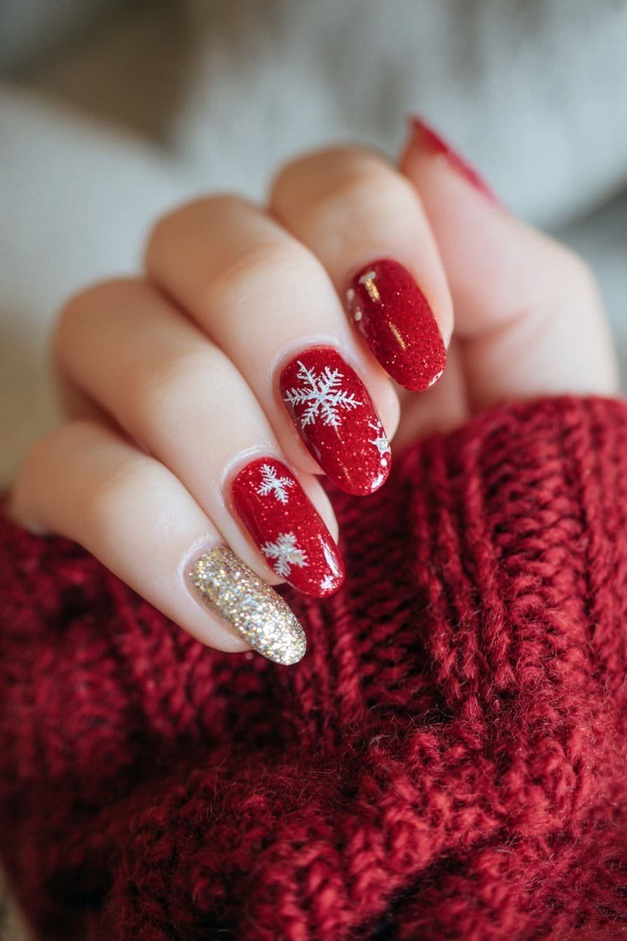 Red and Gold Glitter Almond Nails with Snowflakes, fun winter nail idea for women over 60
