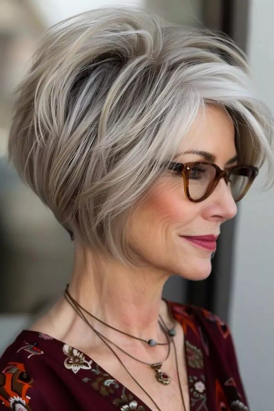 Silver Bob with Side Sweep - trendy layered bob hairstyle for women over 50