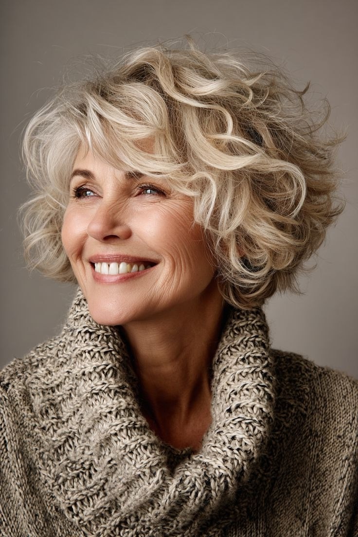 Joyful Blonde Curly Bob - short wavy bob hairstyle for women over 60