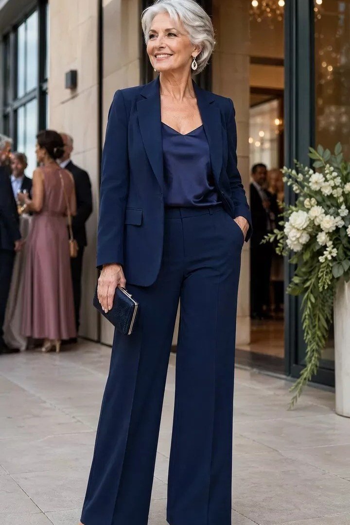 Classic navy pantsuit for women over 50 at work