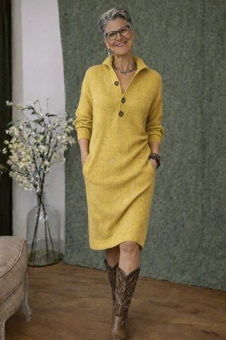 Mustard henley sweater dress with brown boots for women over 60