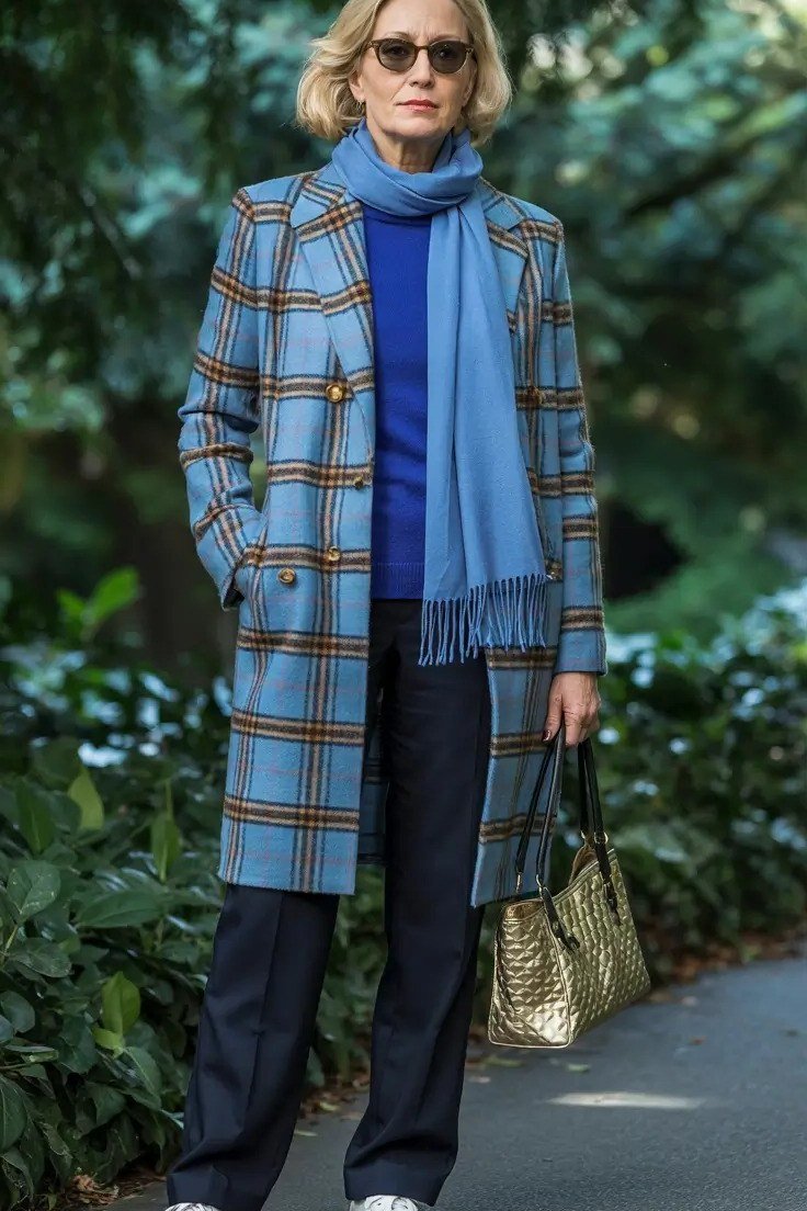 older woman in blue plaid coat with blue scarf, dark pants and white sneakers