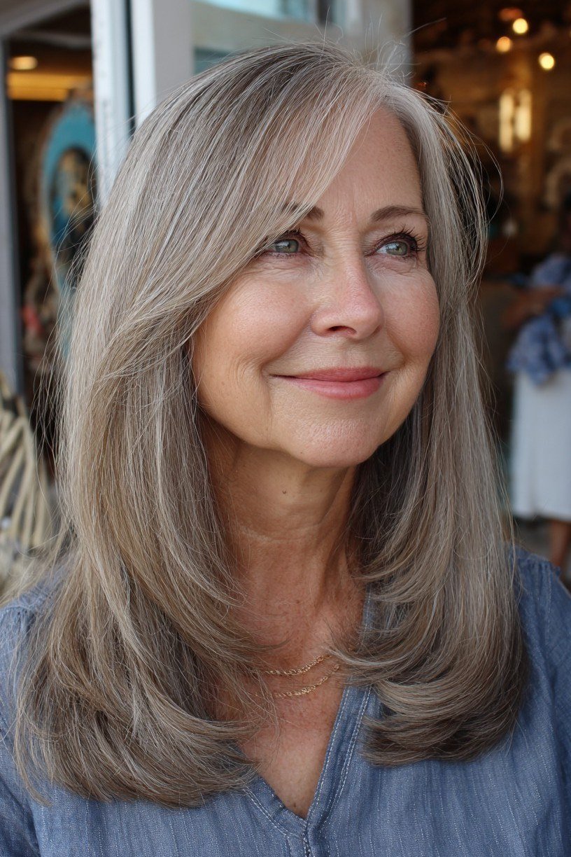 Layered Grey Medium Cut hairstyle for women over 60