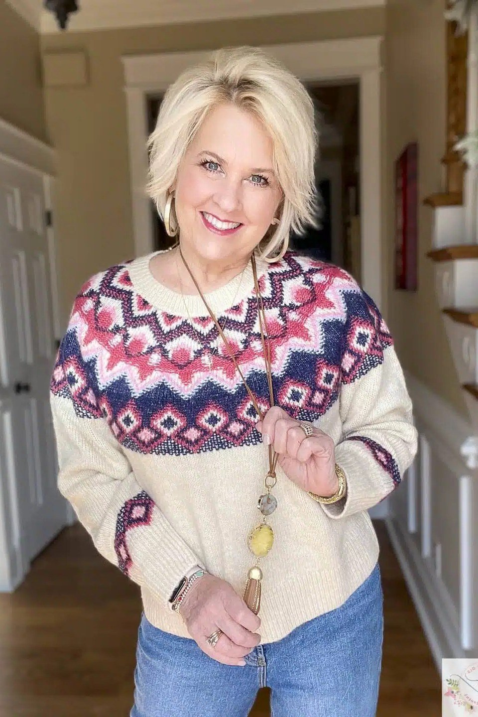 Cream Fair Isle Sweater with Pendant Necklace - fall outfit for women over 40
