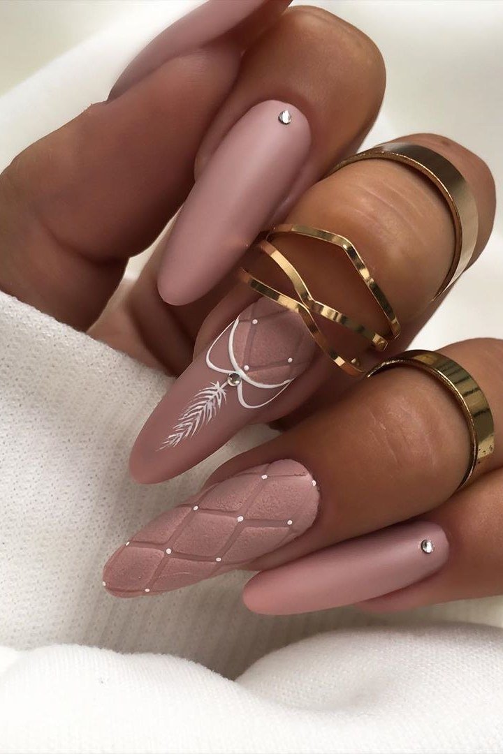 Dusty Rose Nails with White Botanical Art for women over 60
