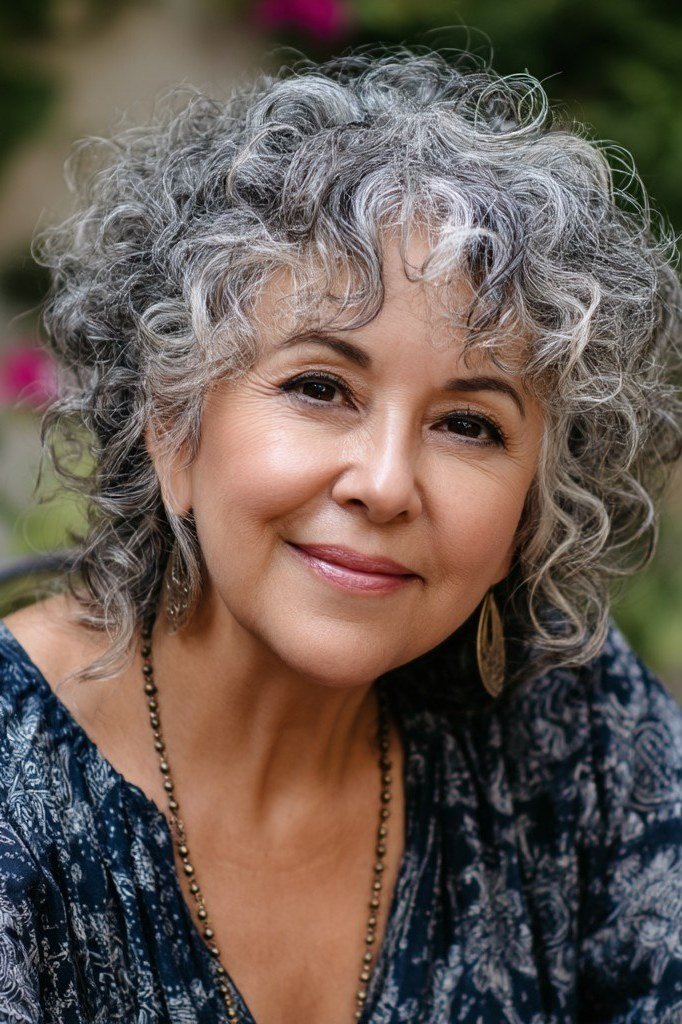 Grey curly shag haircut with fresh curls for women over 60