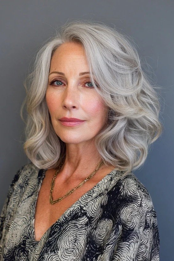 Silver voluminous lob haircut for women over 50