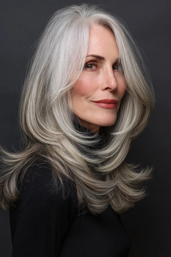 Metallic silver-grey wavy layered medium-length hairstyle, front side view, for women over 50
