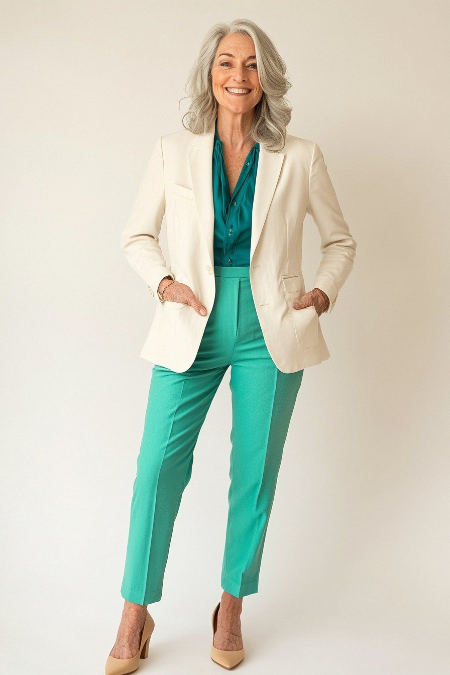 Cream Blazer with Teal Blouse and Green Trousers - business outfit for women over 50