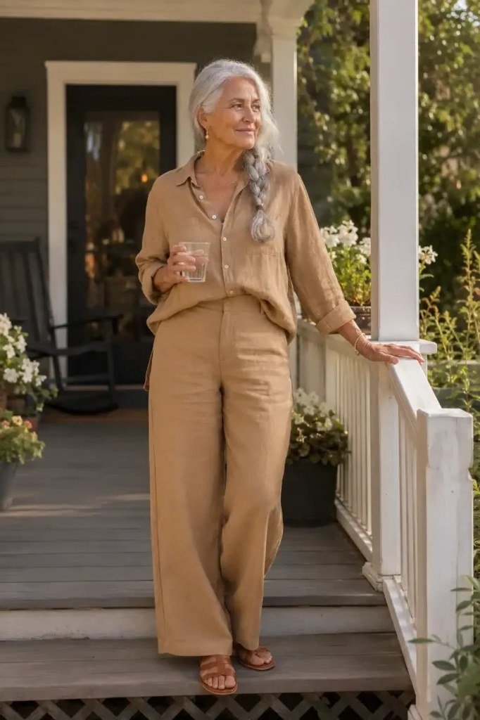 Woman over 50 wearing Tan shirt with tan wide pants on a porch.