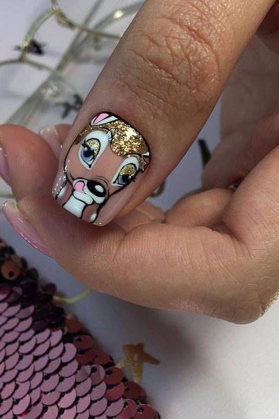 Short nail with Bambi face and gold crown fawn print nail art