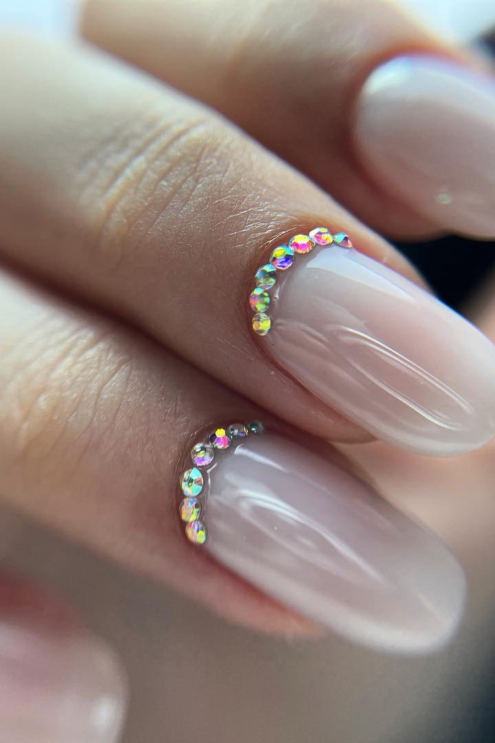 Milky Nails with Rhinestone Cuticle nail design for women over 40