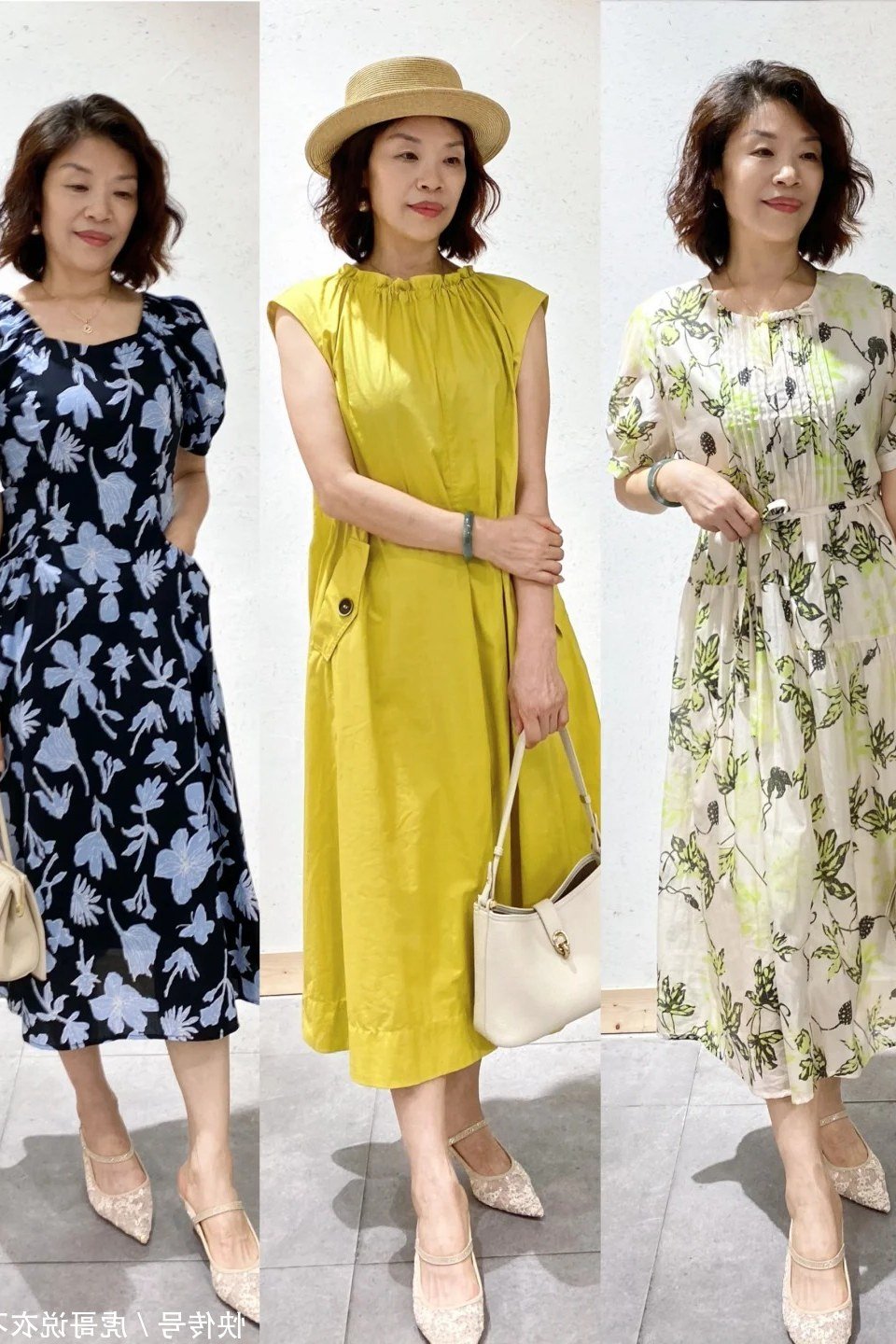 Three middle-aged women in floral and solid yellow dresses, studio lineup - summer dress for women over 50