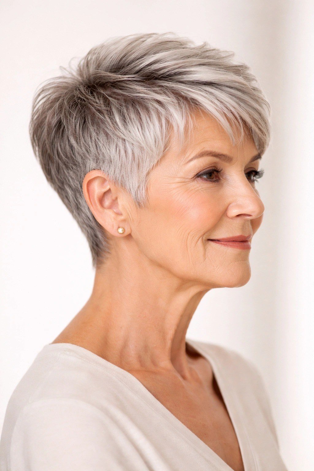 silver pixie with short bangs for women over 50 front view