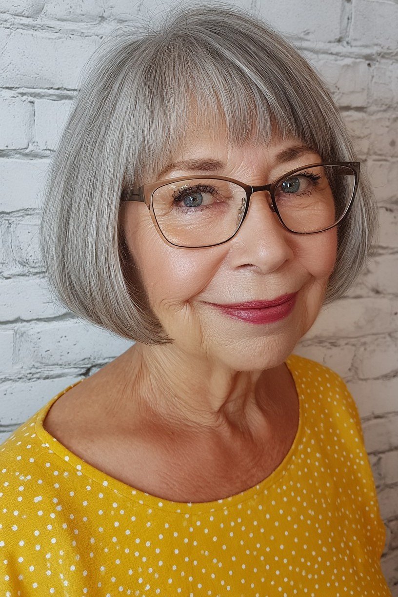 Grey french bob with bangs and glasses and yellow polka-dot top