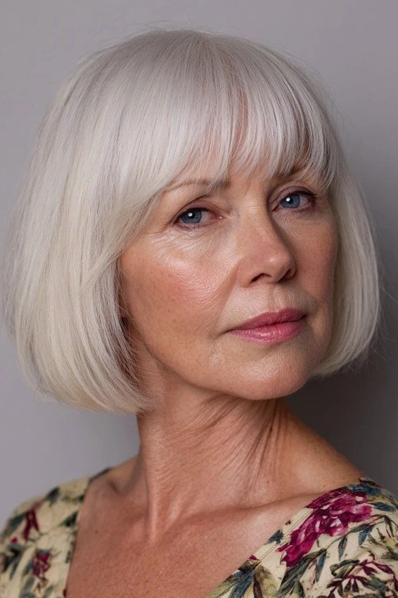 white sleek bob with bangs, front view for women over 50