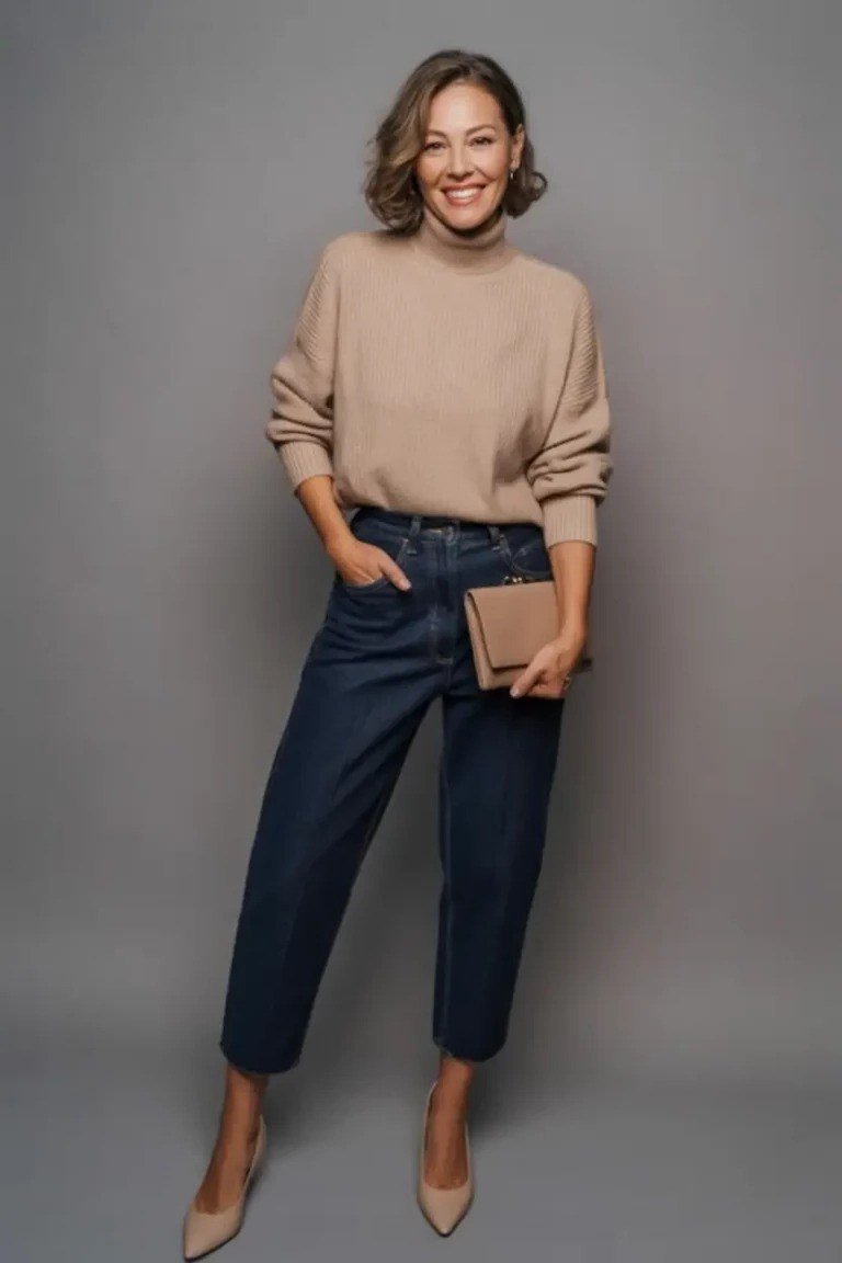 camel mock neck sweater dark jeans fall outfit over 50