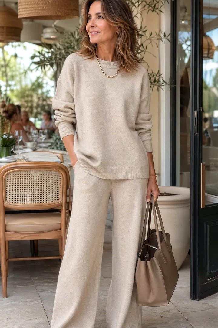 Beige knit sweater with matching beige wide-leg trousers and a taupe handbag, cozy weekend outfit for women over 40