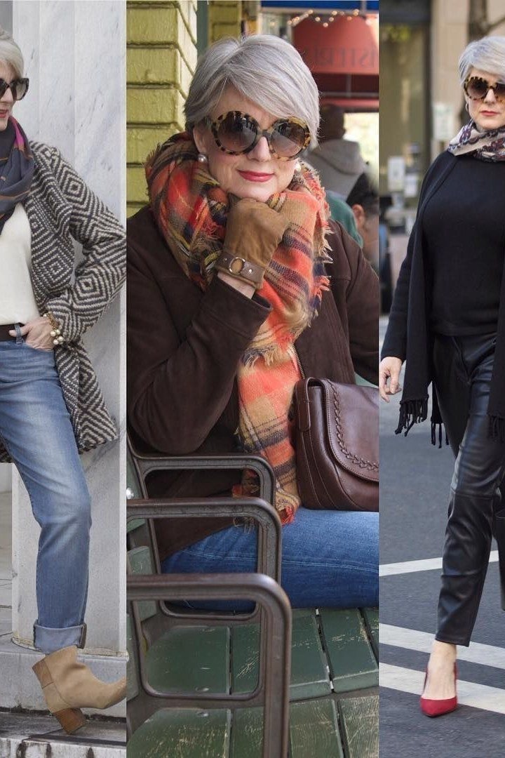 Scarf styled fall outfits for women over 50 with jeans boots and knits