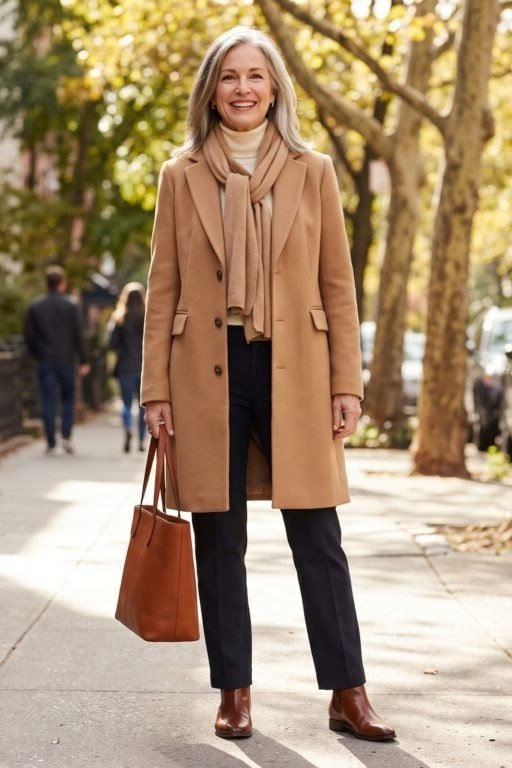 Camel coat with tan scarf, black trousers, brown ankle boots and rust handbag