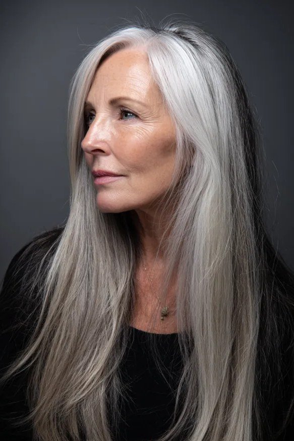 Very long straight silver hair side view