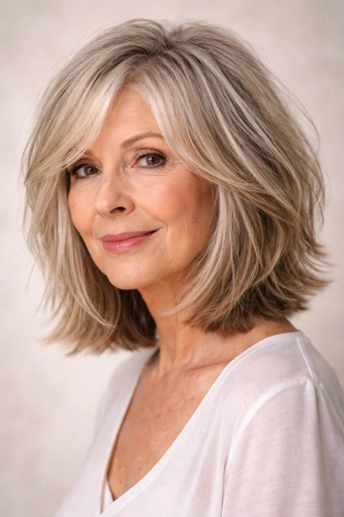 Choppy bob hairstyle for women over 60: long blonde bob front white top