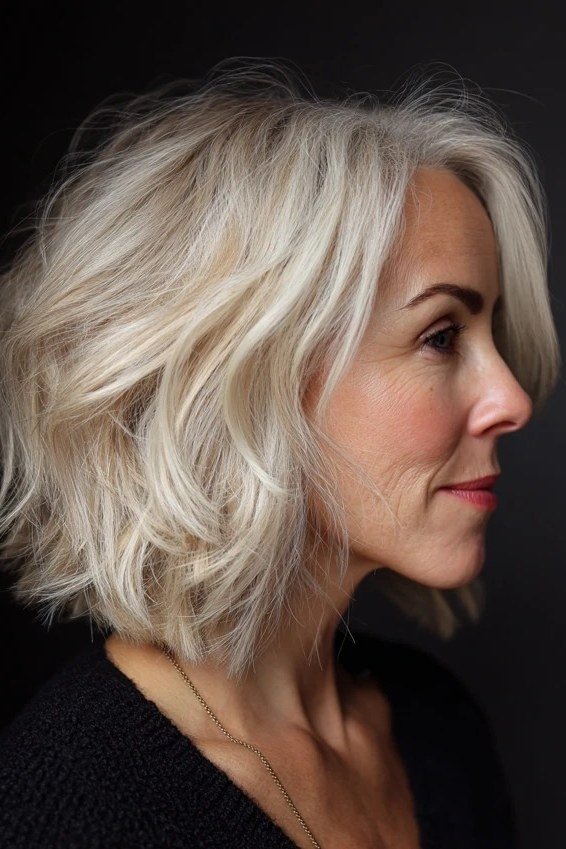Polished icy platinum layered bob, side view, for women over 40