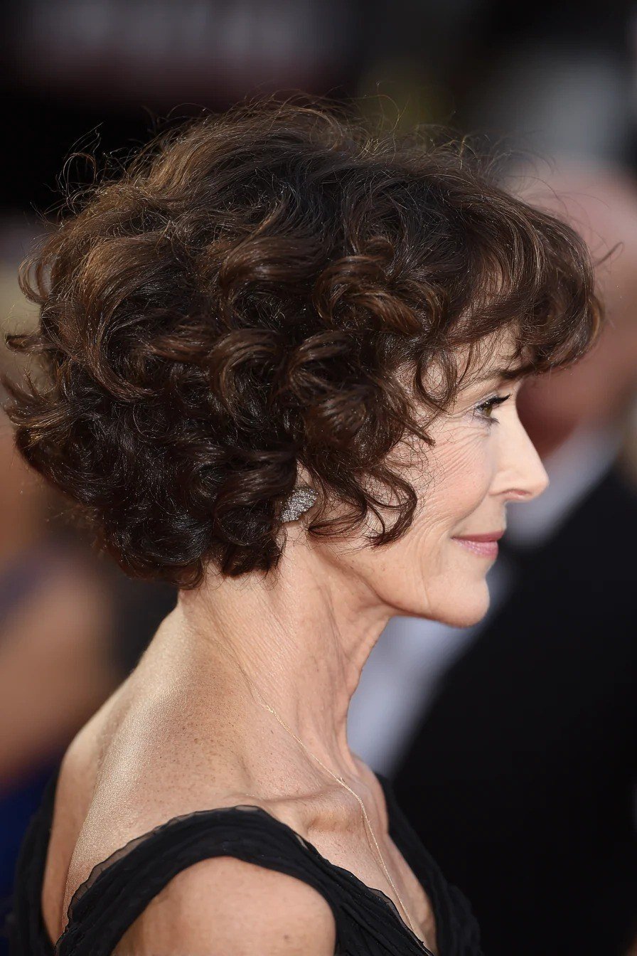 Dark Brown Curly Bob in Profile - curly bob hairstyle for women over 50