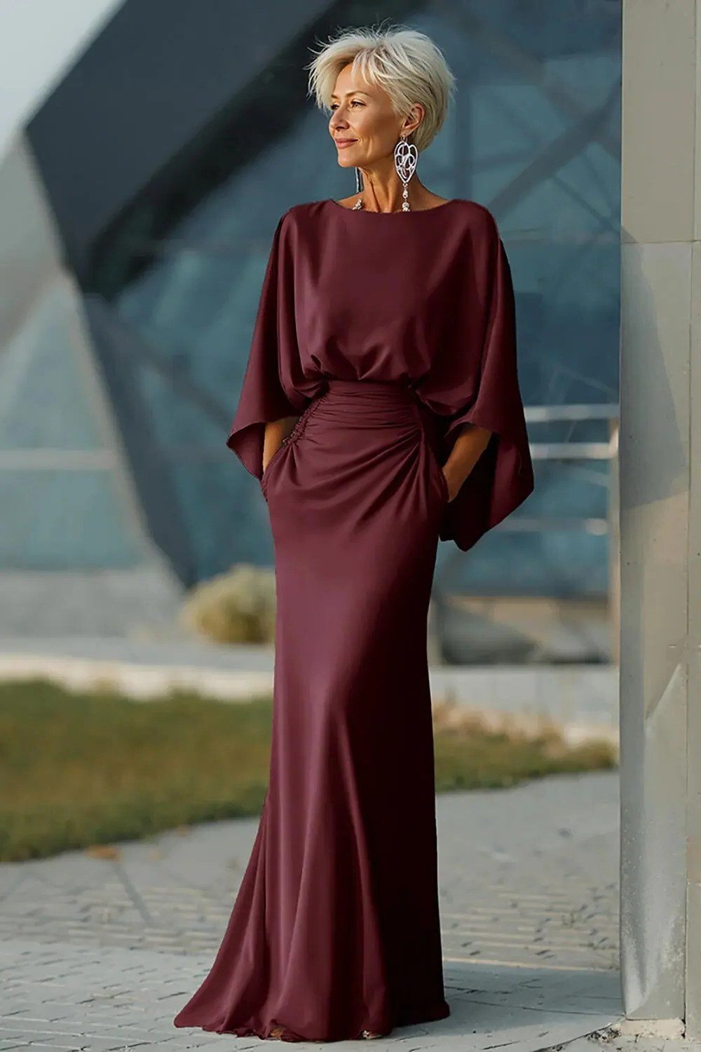 Wine-Burgundy Satin Gown with Batwing Cape Sleeves - evening outfit for women over 60