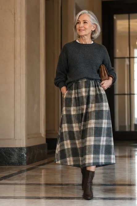 Stylish winter outfit for women over 60: dark knit sweater with plaid midi skirt at a stone archway