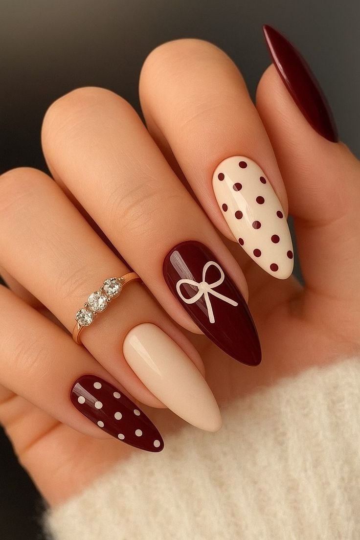 Burgundy nude bow nails, fall nail design for women over 60