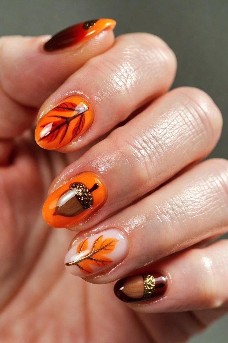 Burnt orange gel nails with acorn and autumn leaf nail art, harvest manicure