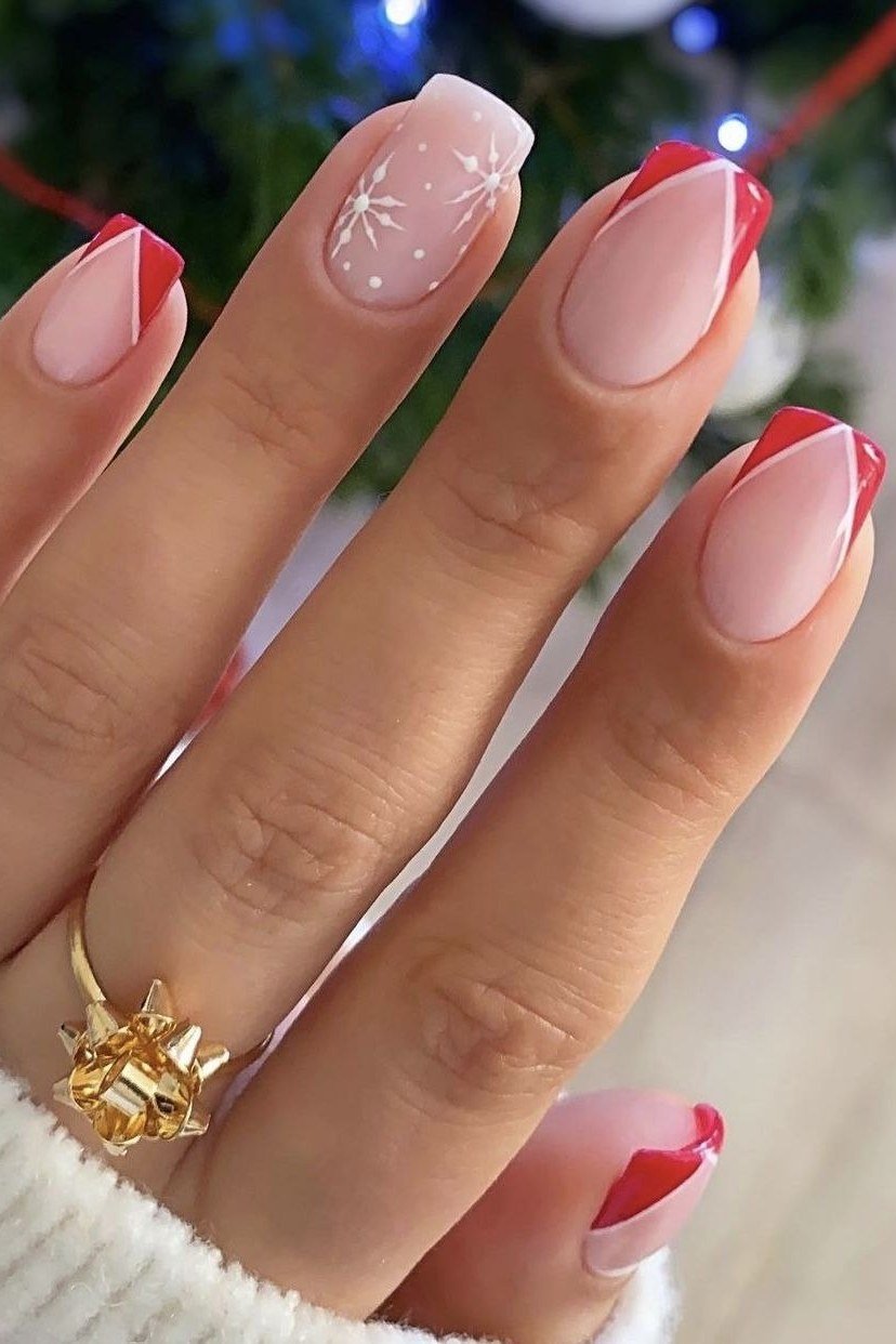 pink nails with red french tip christmas manicure